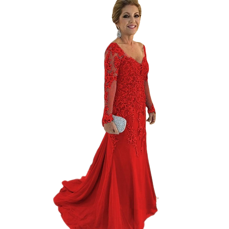 Dark Red Long Sleeves Mother Of The Bride Dresses Lace Appliques Beaded V-Neck Plus Size Wedding Guest Gowns 2024 Elegant Groom Mom Evening Formal Wea