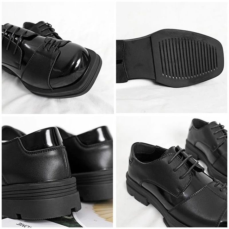 Men Genuine Leather Derby Vintage Square Toe Male Lace Up Platform Dress New Black Business Footwear Wedding Shoes 240702