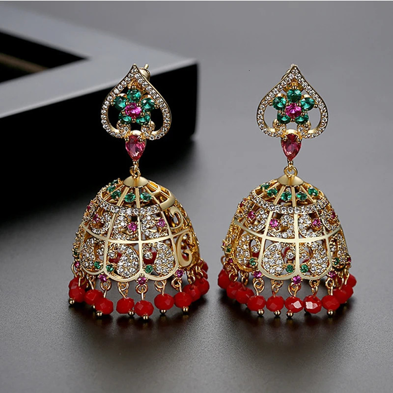 Vintage Bell Beads Crystal Zircon Tassel Drop Dangle Earrings Fashion Indian Dubai Bollywood Jhumka Jhumki Gold Plated Jewelry 240701