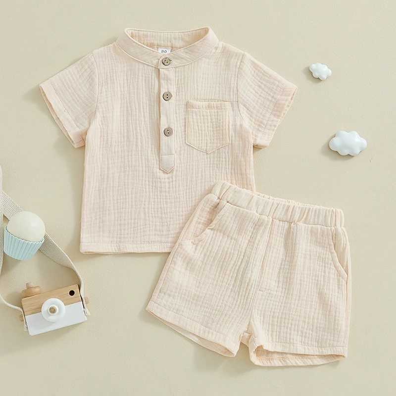 Clothing Sets Pudcoco 2Pcs Toddler Baby Boys 100% Cotton Clothes Solid Short Sleeve Button Shirt Tops Shorts Set Summer Casual Set 6M-4T R240708