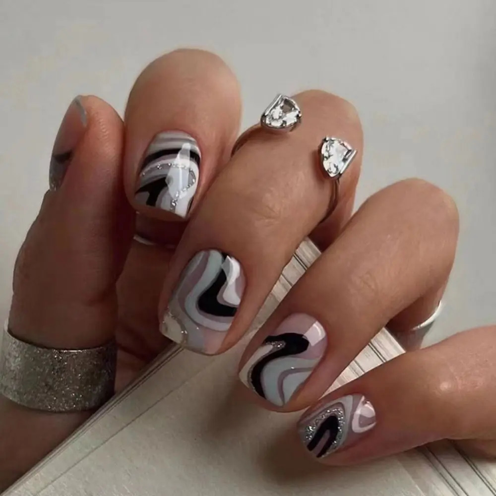 24 short square false nails pressed on the nails French fairy pink sparkling diamond mountain veins fully covered with detachable nail tips 240705