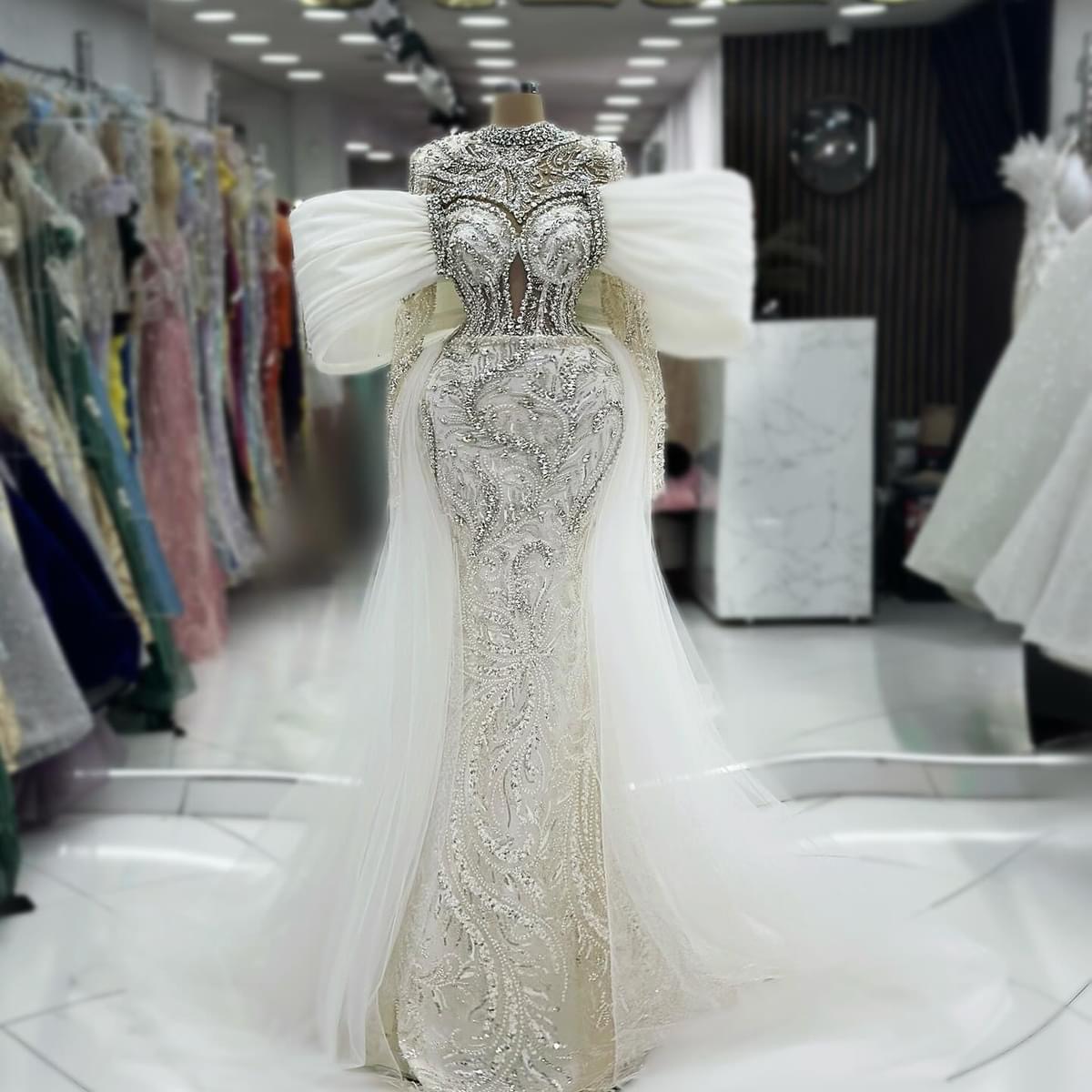 2024 Arabic Aso Ebi Plus Size Ivory Mermaid Wedding Dress Beaded Crystals Lace Vintage African Bridal Gowns Dress ZJ066