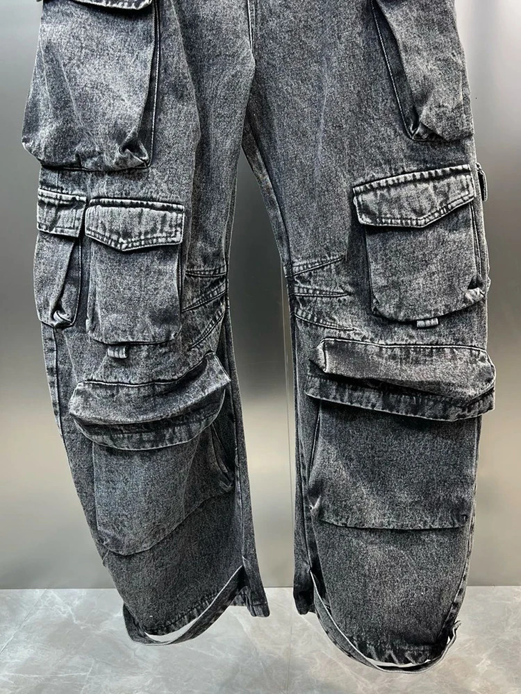 CHICEVER Streetwear Denim Jumpsuits For Women Strapless Sleeveless Off Shoulder High Waist Cargo Pants Y2K Style Jumpsuit Female 240701