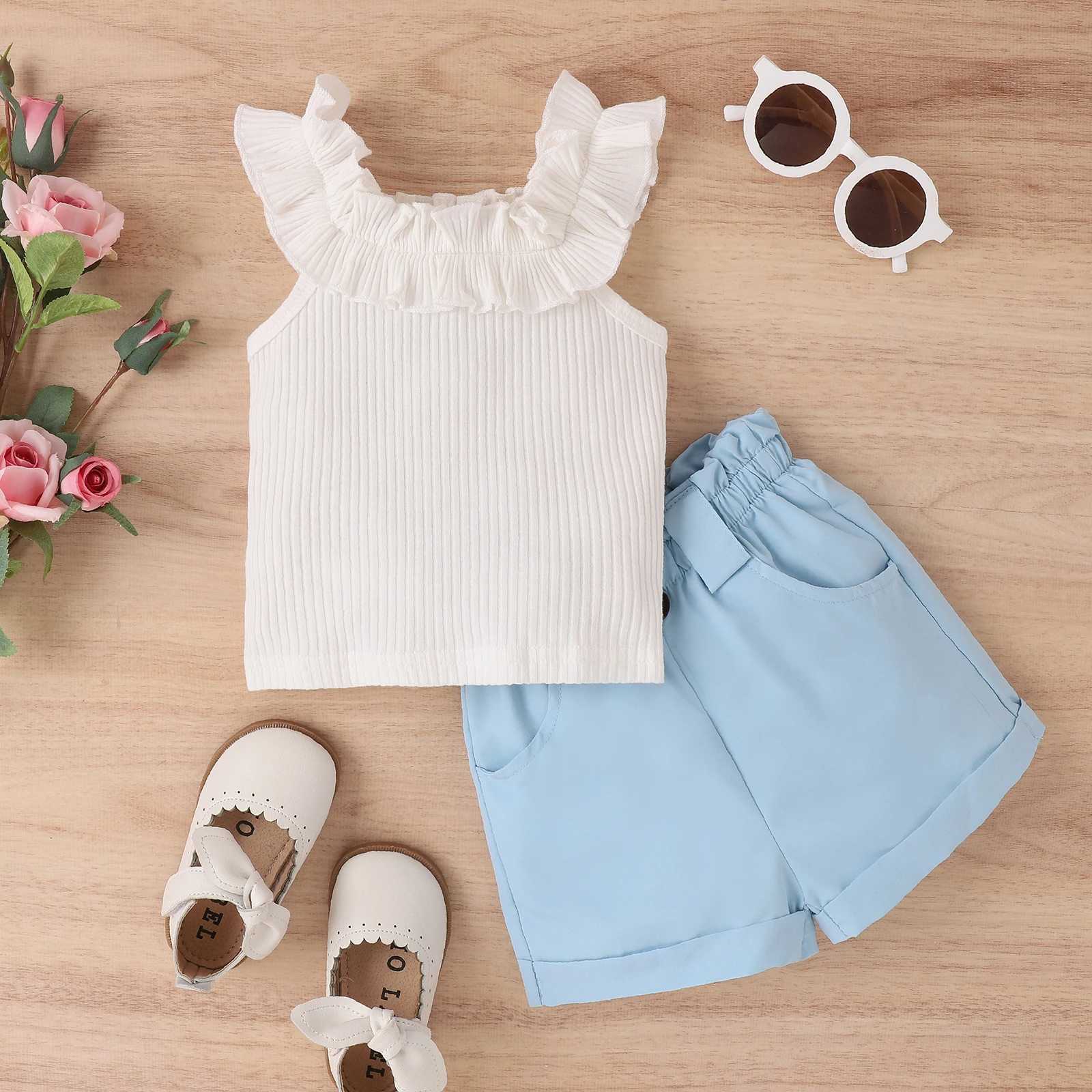 Clothing Sets Toddler Kids Baby Girls Summer Outfit Sets White Sleeveless Ruffle Ribbed Tops + Solid Color Shorts 2Pcs Set 6M-5T R240708