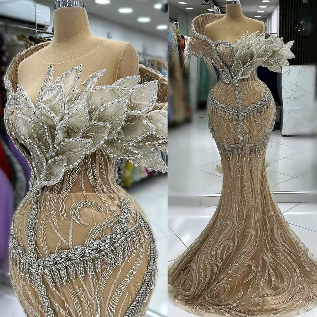 2024 Aso Ebi Champagne Illusion Mermaid Prom Dresses Crystals Lace Evening Formal Party Second Reception Birthday Celebrity Engagement Gowns Dress Rob