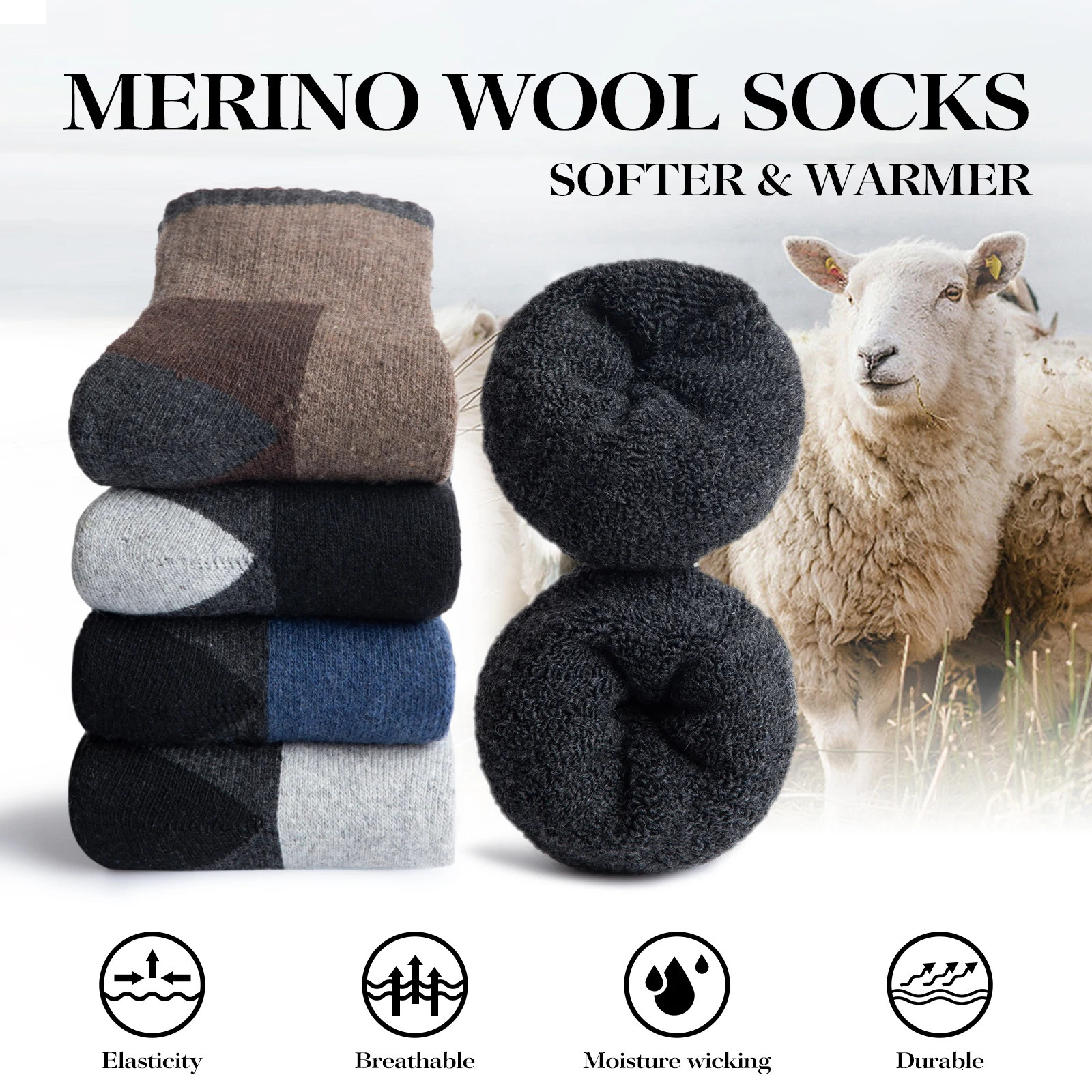 5 Pairs Mens Merino Wool Socks Wool Hiking Socks Soft Warm Winter Casual Crew Moisture-Wicking Socks for Indoors Outdoors 240703