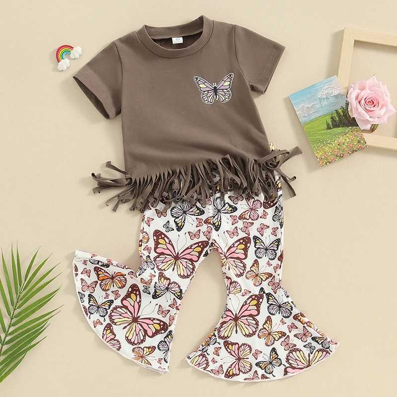Clothing Sets Lioraitiin Toddler Kids Baby Girls Summer Clothes Sets Short Sleeve Tassel Hem T-shirts Butterfly Print Flared Pants Outfits R240708
