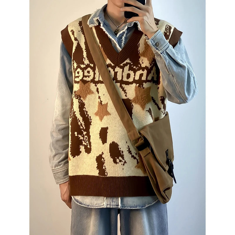 Color Matching Jacquard Women Sweater Vest Sleeveless Loose Outerwear Knitted Waistcoat Vintage Y2K Autumn Pullovers Tops 240704