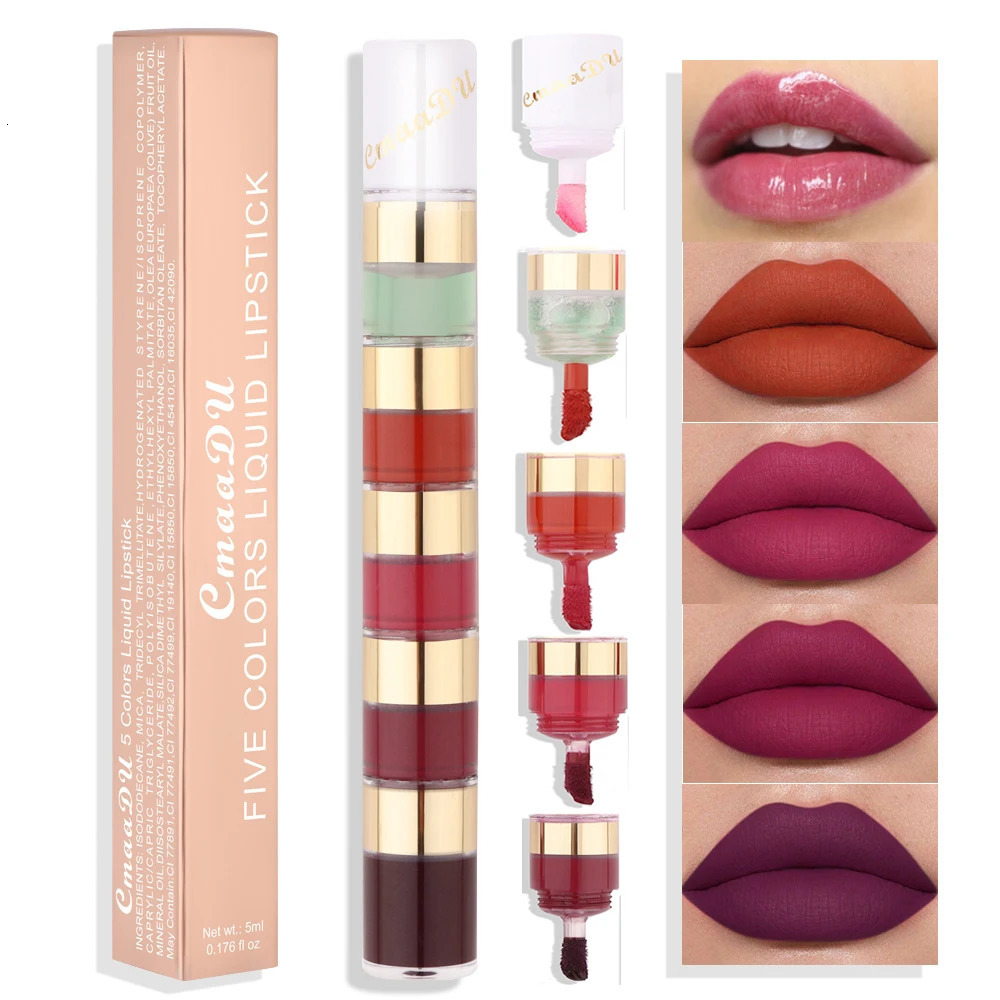 5-in-1 matte lipstick kit combination strip velvet sexy red lip coloring non sticky cup lipstick gloss lipstick makeup lipstick set 240705