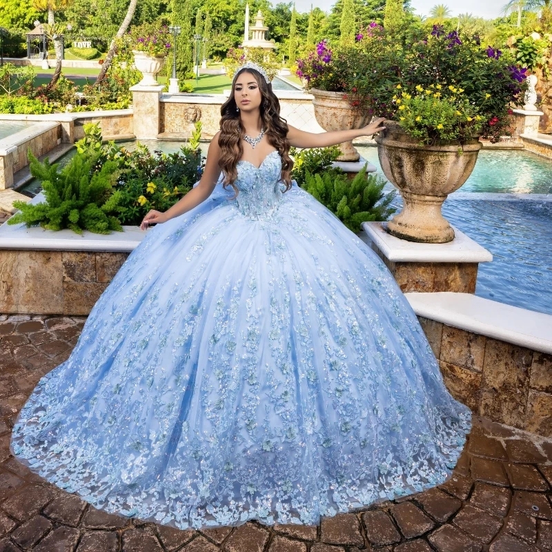 Luxury Sky Blue Quinceanera Dresses Applique Lace Beads With Cape Ball Gown Sweet 16 Year Princess Dress For 15 Years vestidos