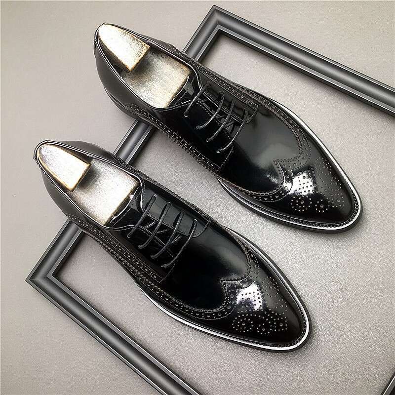 HKDQ Genuine Leather Men Brogue British Oxford Dress Fashion Wedding Pointed Tip Lace Up Business Shoes Formal Blue Shoe