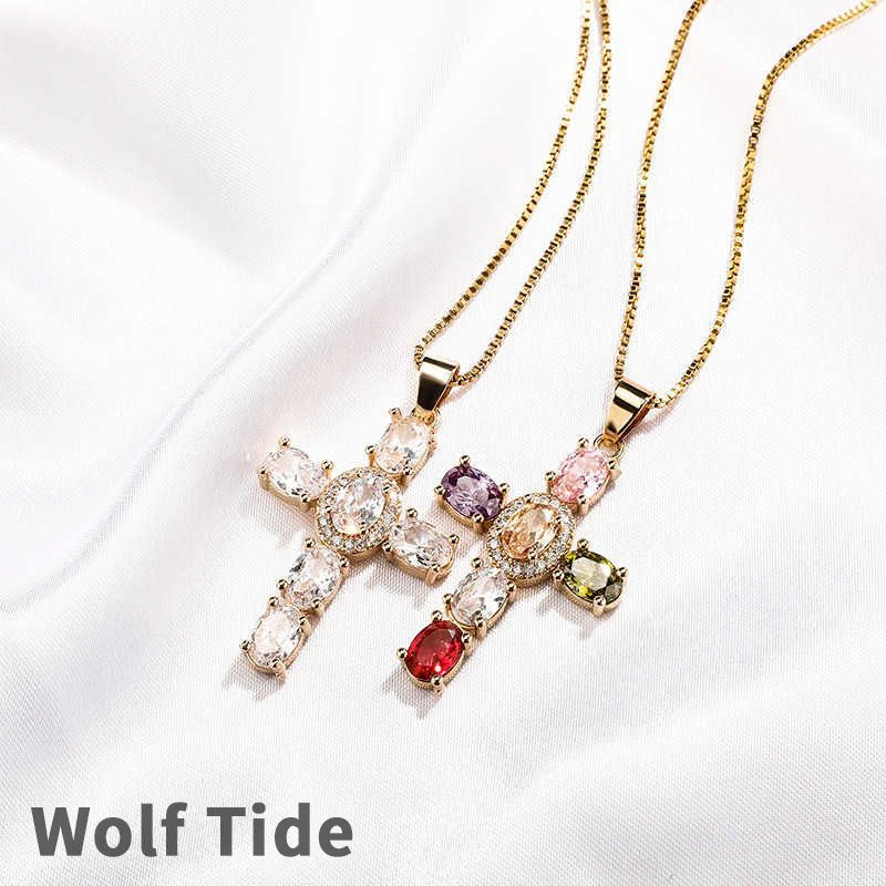 Creative Womens Colorful Cubic Zirconia Cross Pendant Necklace Shiny Prong Multi Color Crystal Hip Hop Fashion 14K Real Gold Plated CZ Stone Jewelry G