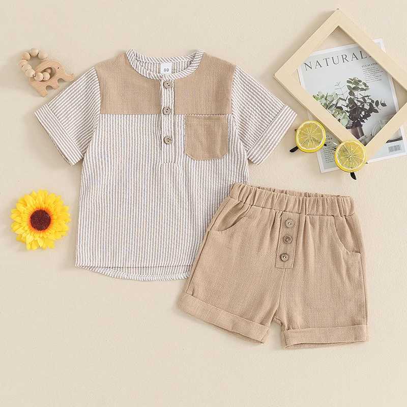 Clothing Sets 2024-03-09 Lioraitiin Toddler Boys Summer Outfits Striped Print Short Sleeve T-Shirt and Elastic Shorts Vacation Clothes Set R240708