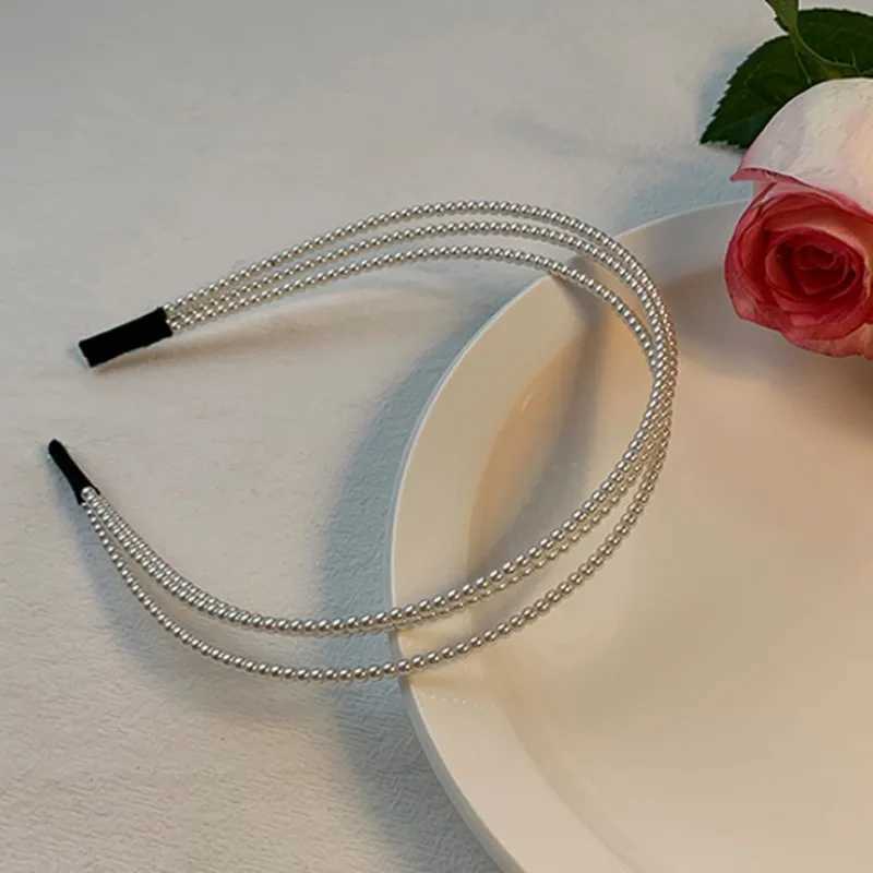 Headbands New Multi-layered Silver Pearl Thin Headband Hair Hoops for Women Shiny Vintage Grey Steel Little Pearl Chain Hairband Head Wrap