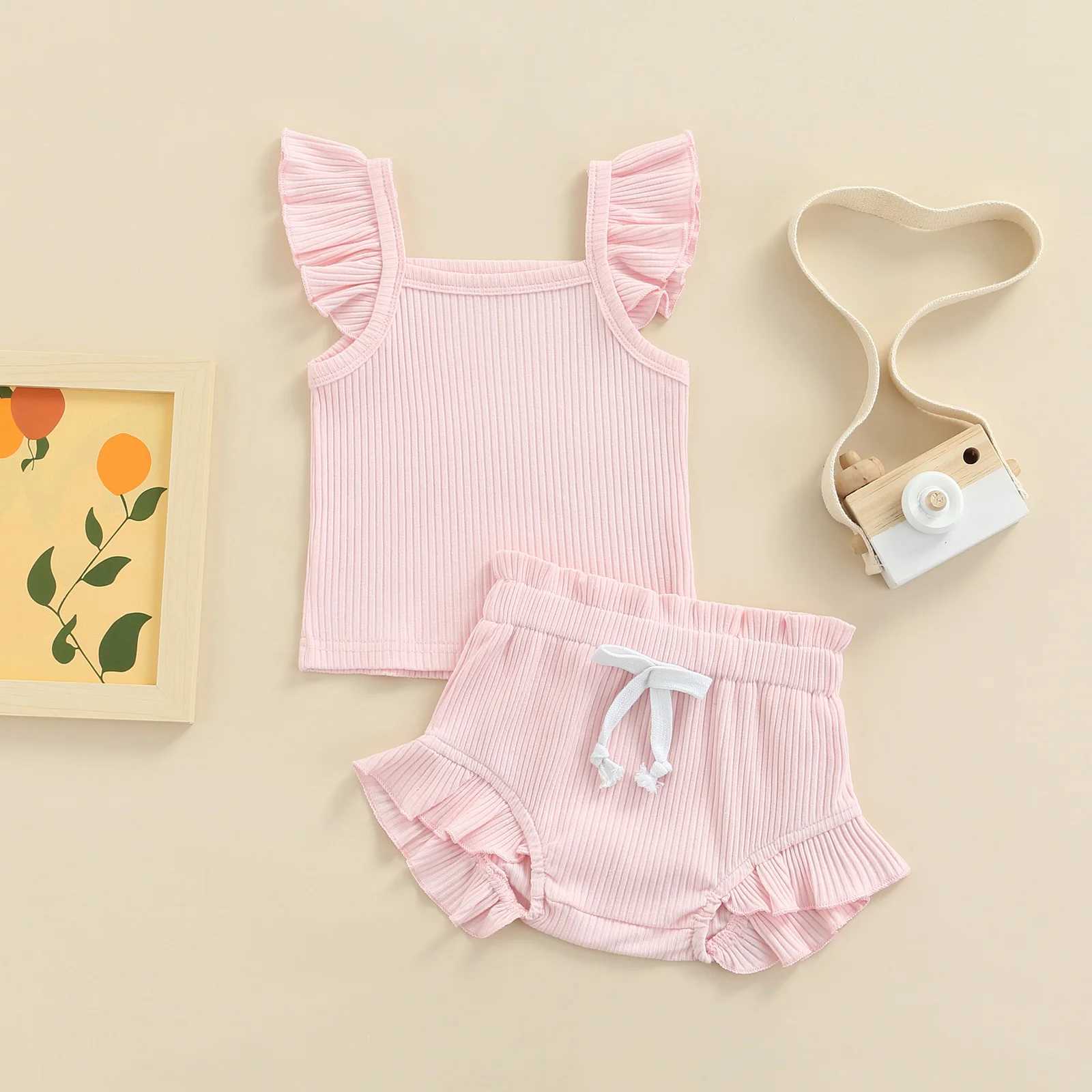 Clothing Sets Newborn Infant Baby Girl Two-Piece Solid Outfits Solid Color Flying Sleeve Romper + Elastic Drstring Short Pants R240708
