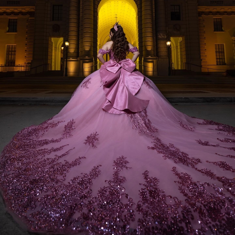 Pink Off The Shoulder Sequined Appliques Lace Ball Gown Quinceanera Dresses Pearls Beading Bow Corset Vestidos De 15 Anos