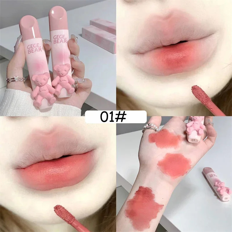 Cute bear lip gloss waterproof durable fadeless matte lipstick unmarked red brown velvet liquid lipstick 240705