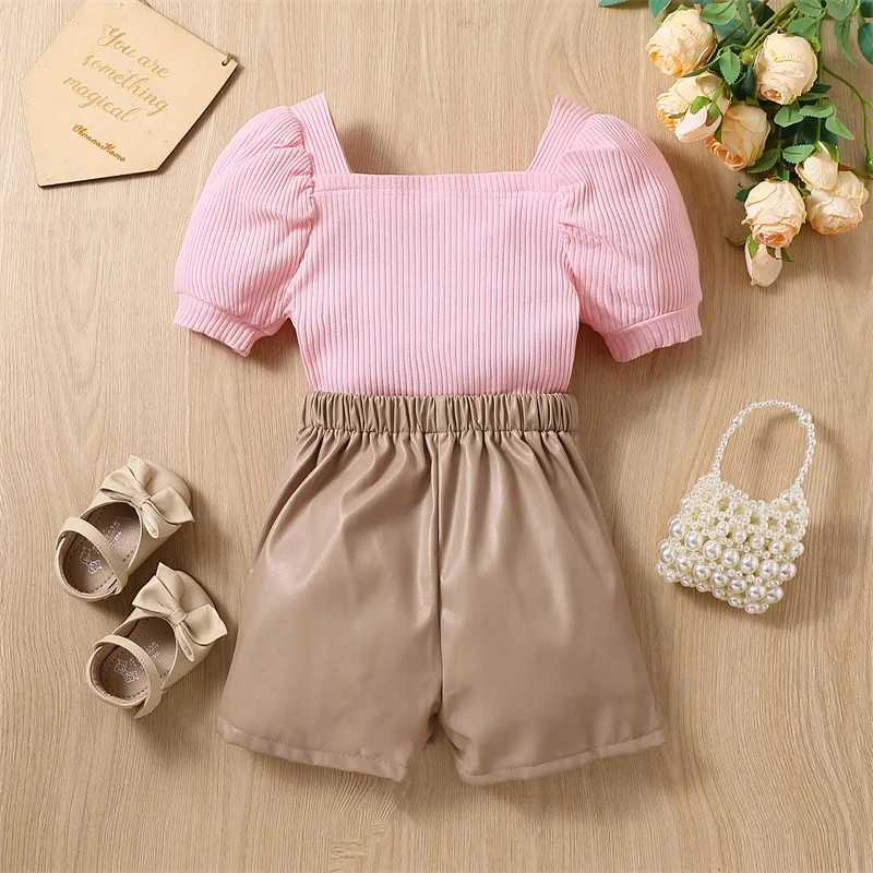 Clothing Sets 2023-02-21 Lioraitiin 0-6Years Toddler Girls 2Pcs Summer Outfit Sets Pink Short Sleeve Knit Ribbed Tops Brown Button Shorts R240708