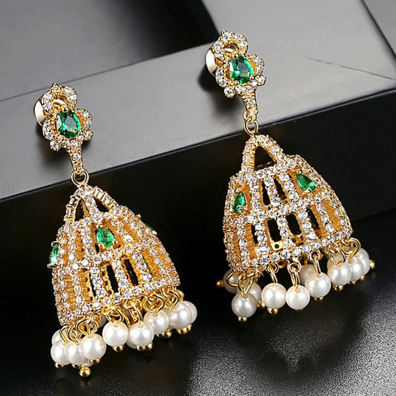 Vintage Bell Beads Crystal Zircon Tassel Drop Dangle Earrings Fashion Indian Dubai Bollywood Jhumka Jhumki Gold Plated Jewelry 240701