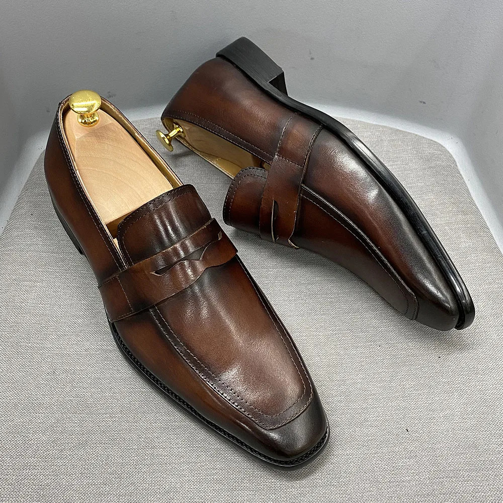 2025 new Classic Mens Penny Loafers Cow Leather Dress Brown Handmade Slip on Italian Style Office Formal Shoes 240702