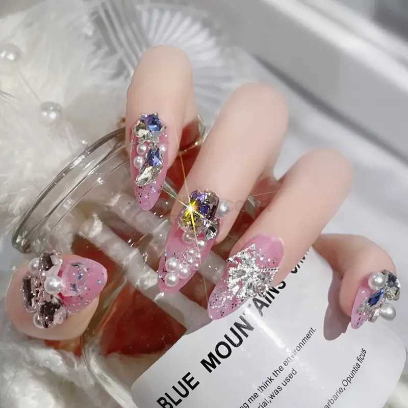 24PCS/Set Long Oval False Nails 3D Heart Sparkling French Press On Nails Pink Full Cover Fake Nail Crystal Gem Design Nails TipsM240708