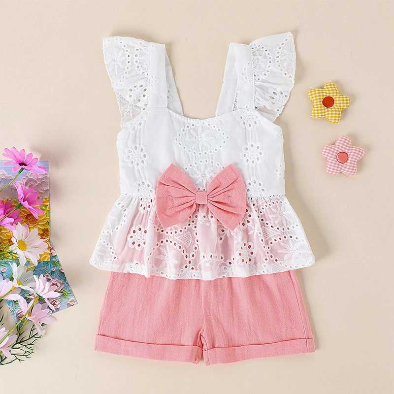 Clothing Sets Pudcoco Girls Shorts Set Ruffles Flutter Sleeve Hollow Eyelet Embroidery Camisole Tops Elastic Waistband Shorts Outfits 6M-4T R240708