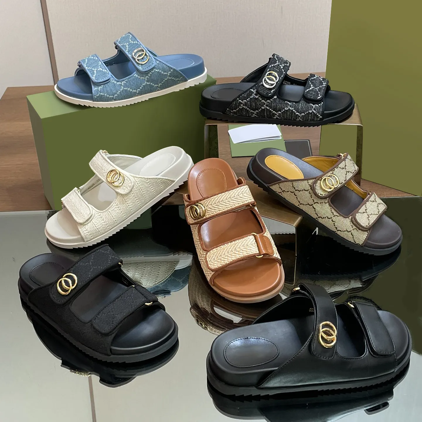 10A Designer Crystal Sandals With Two Strap Women Platform Slides Denim Slippers Double Beach Summer Luxury Mules Leather Thick soled shoes Waterproof with box