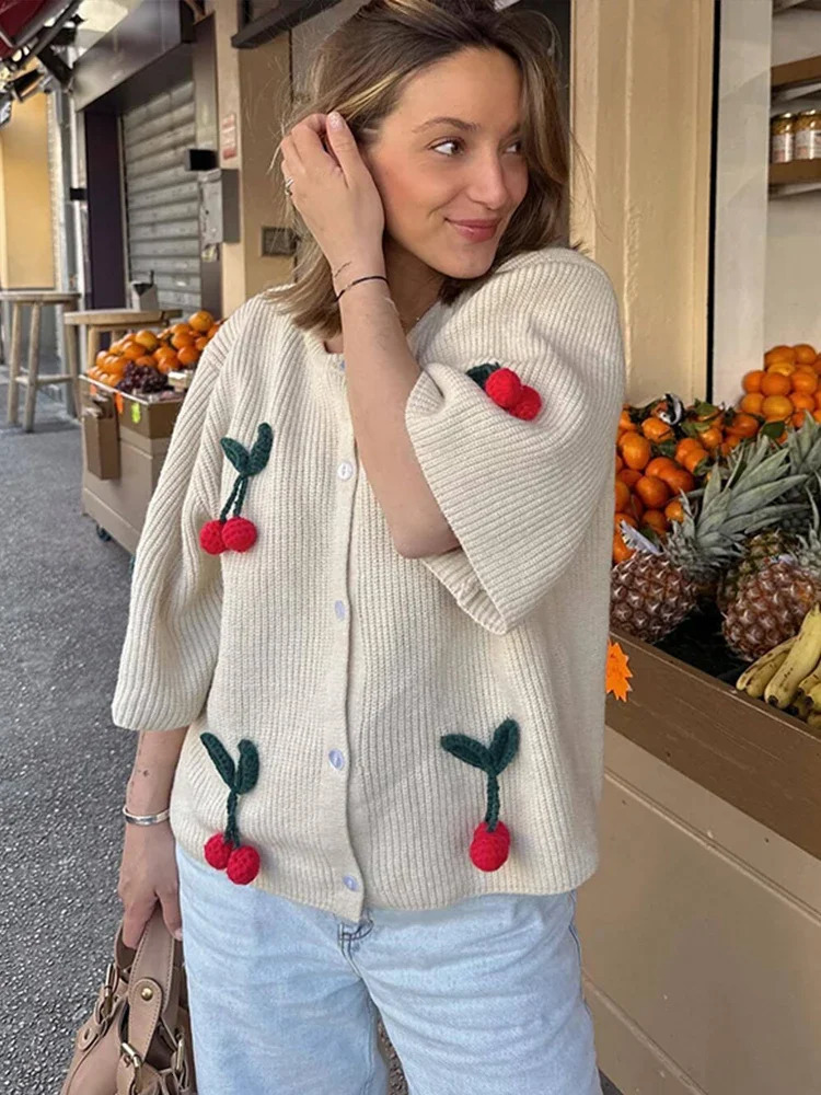 3d Cherry Knit Shirts Women Fashion O-neck Single Breasted Half Sleeve Open Stitch Female Blouses 2024 Spring Summer Lady Tops 240703