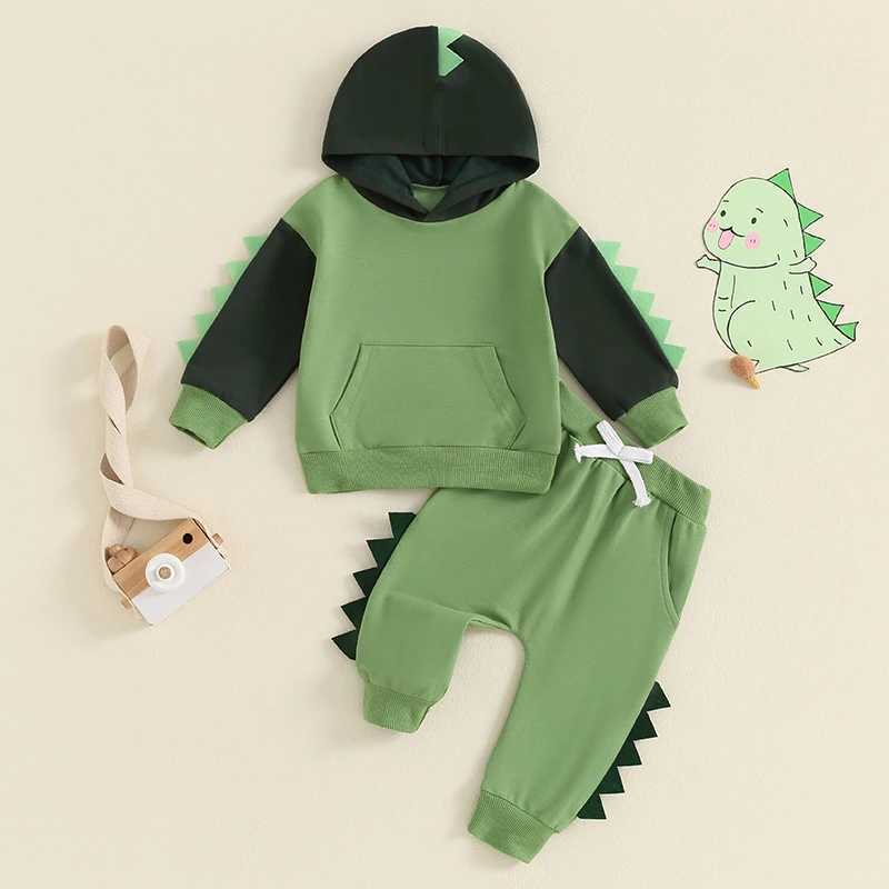 Clothing Sets Toddler Boy Dinosaur Outfits Contrast Color Long Sleeve Hoodie ad Elastic Waist Pants 2 Piece Sets Baby Clothes Fall R240708