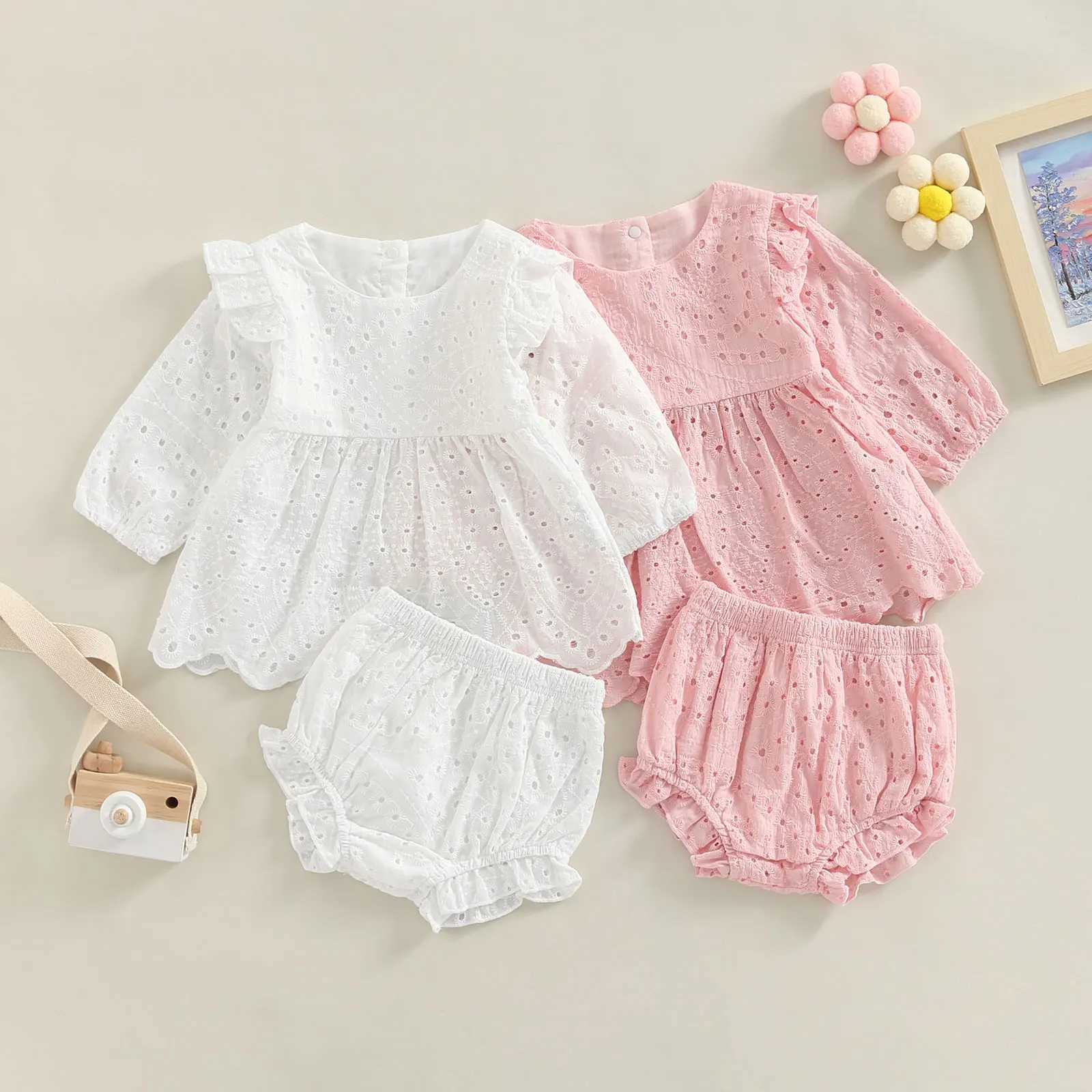 Clothing Sets Toddler Baby Girl Clothes 2Pcs Set Solid Color Cutout Round Neck Long Sleeve T-shirt Tops and Elastic Casual Ruffle Shorts 3-24M R240708