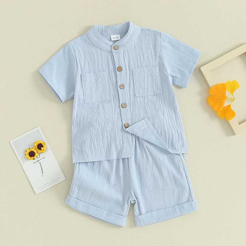 Clothing Sets Pudcoco Kids Boys Summer Linen Outfits Solid Color Buttons Short Sleeve Tops and Elastic Waist Shorts 2Pcs Clothes Set 6M-5T R240708
