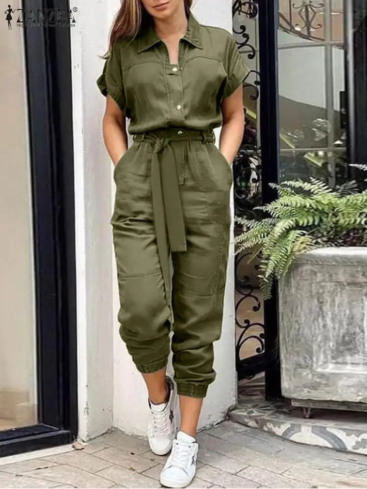 ZANZEA Women Overall Summer Fashion Cargo Jumpsuits Lapel Short Sleeve Rompers Elegant Lady Playsuits Vintage Work Pants Belted 240703