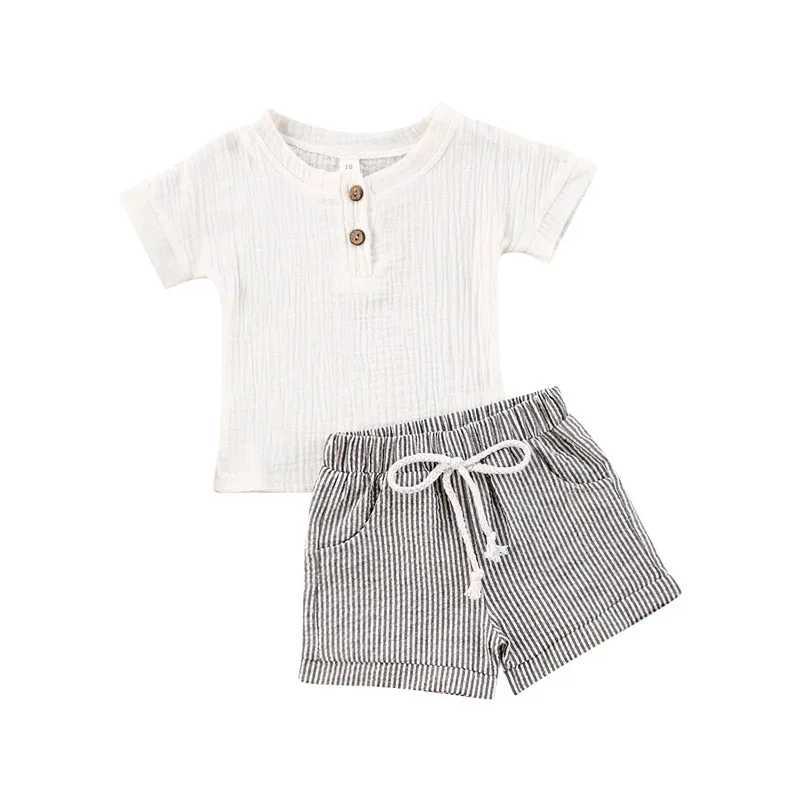 Clothing Sets lioraitiin 0-3Years Toddler Baby Girl Clothing Set Short Sleeve White Cotton Top Shirt Striped Printed Shorts 2Pcs Outfit Set R240708