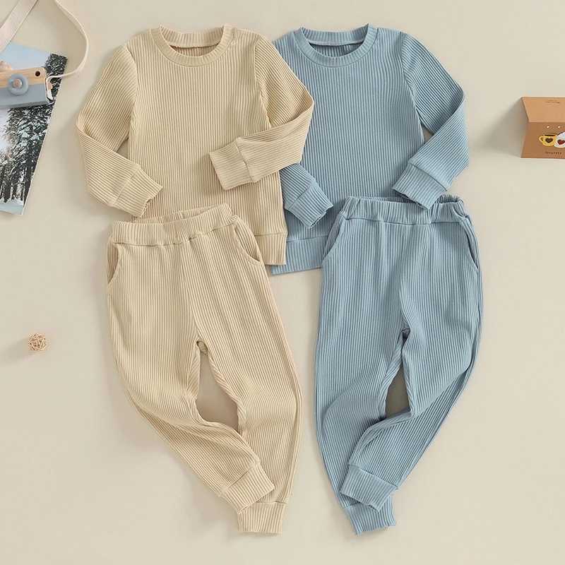 Clothing Sets 3-7Y Kids Boys Solid Color Ribbed Outfits Baby Autumn Clothes Children Long Sleeve Sweatshirt Tops Pants Sets R240708