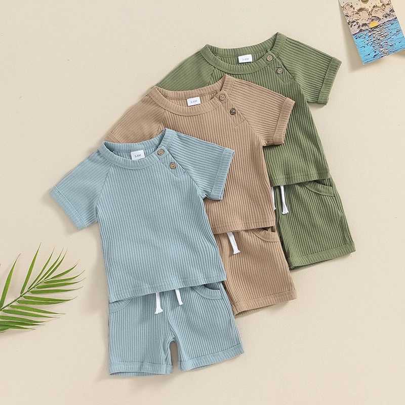 Clothing Sets 2024-04-03 Lioraitiin 3M-3Y Baby Boys Summer Outfits Solid Color Short Sleeves T-Shirt and Elastic Shorts Vacation Clothes Set R240708