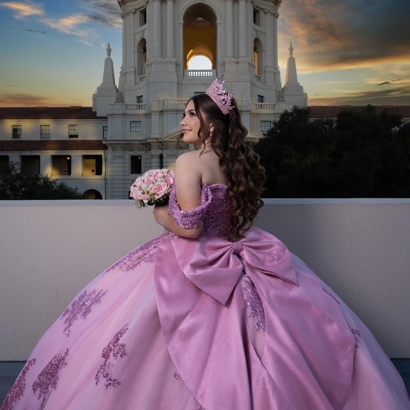 Pink Off The Shoulder Sequined Appliques Lace Ball Gown Quinceanera Dresses Pearls Beading Bow Corset Vestidos De 15 Anos