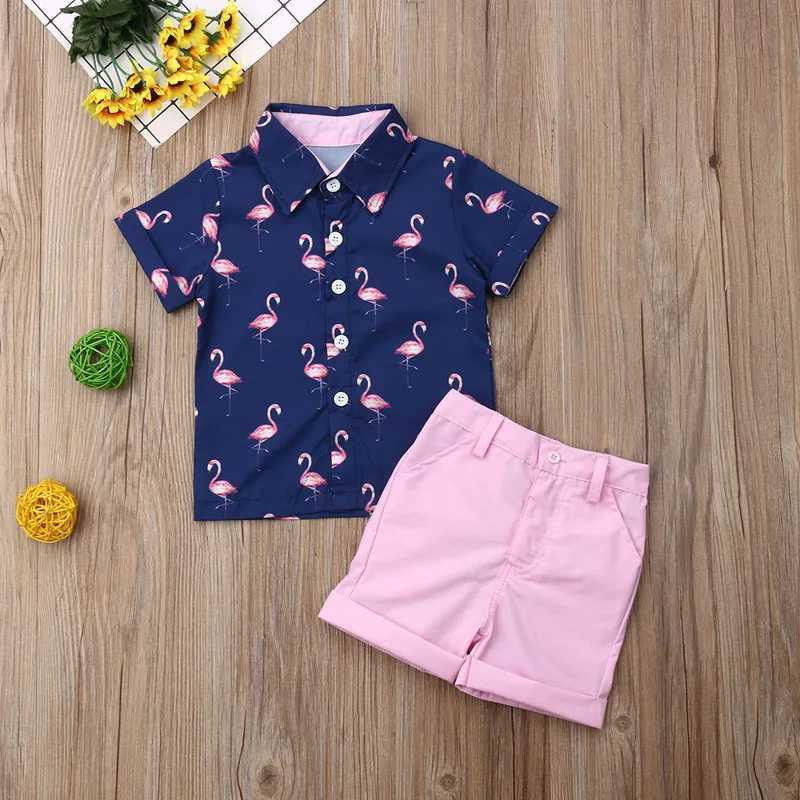 Clothing Sets Lioraitiin 1-6Years Toddler Baby Boy Gentleman Flamingo Short Sleeve Shirt+Shorts Solid Pants Wedding Party Summer Set R240708
