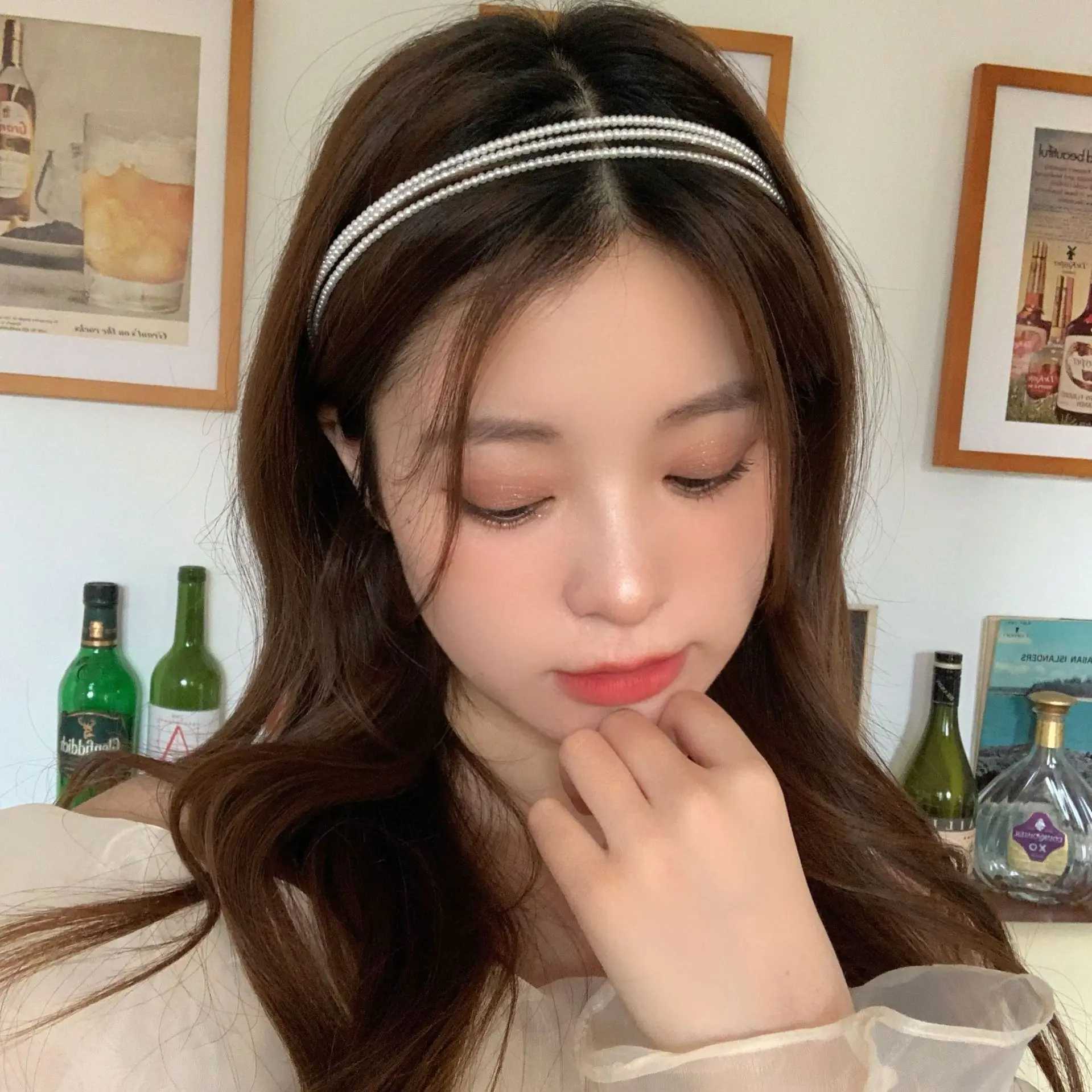 Headbands New Multi-layered Silver Pearl Thin Headband Hair Hoops for Women Shiny Vintage Grey Steel Little Pearl Chain Hairband Head Wrap