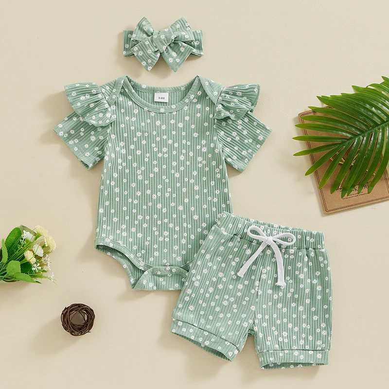 Clothing Sets Pudcoco Infant Baby Girls Shorts Outfits Floral Print Short Sleeve Romper with Shorts and Heaband 3 Pcs Summer Set 0-18M R240708