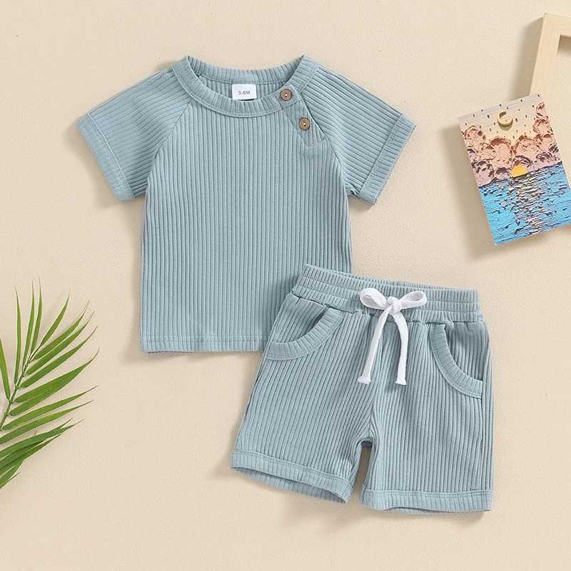 Clothing Sets 2024-04-03 Lioraitiin 3M-3Y Baby Boys Summer Outfits Solid Color Short Sleeves T-Shirt and Elastic Shorts Vacation Clothes Set R240708