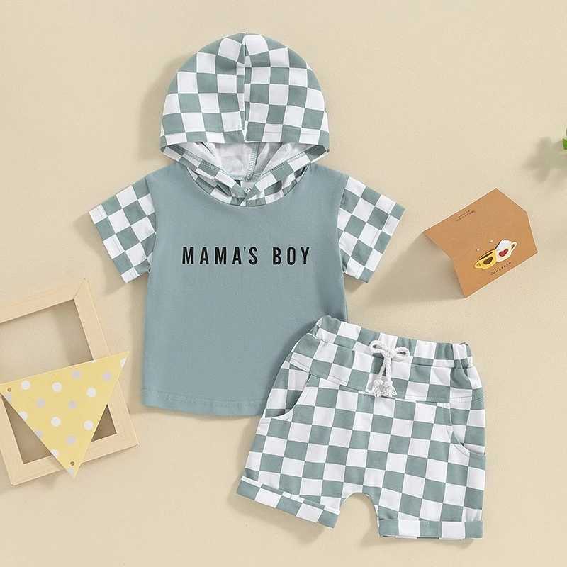 Clothing Sets 2024-01-09 Lioraitiin Toddler Baby Boy Summer Outfit Short Sleeve Letter Print Hooded Tops+Elastic Waist Checkerboard Shorts Set R240708