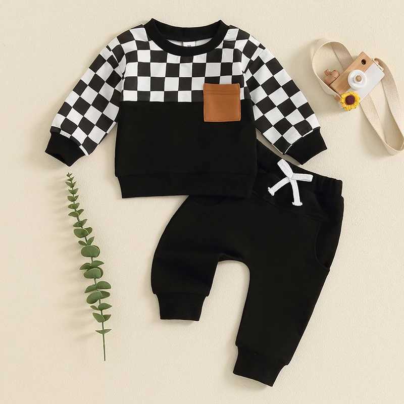 Clothing Sets 0-4Y Toddler Boys Fall Outfits Checkerboard Print Long Sleeve Pocket Sweatshirt and Pants Sets Kids Clothes Boy Tracksuits R240708