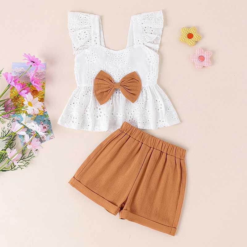Clothing Sets Pudcoco Girls Shorts Set Ruffles Flutter Sleeve Hollow Eyelet Embroidery Camisole Tops Elastic Waistband Shorts Outfits 6M-4T R240708