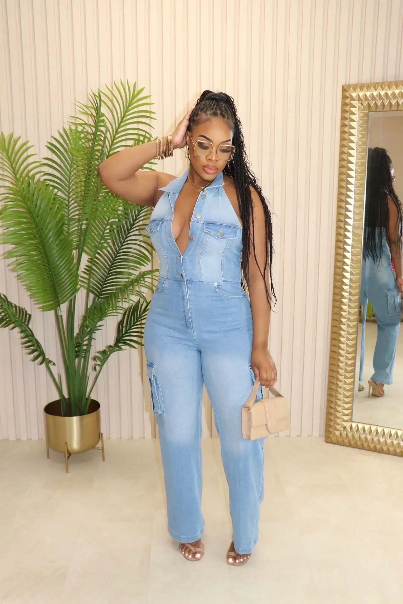 Sexy Denim Jean Jumpsuit 2024 Women Summer Clothes Pocket Cargo Pants Y2K Streetwear One Piece Denim V Neck Rompers Jumpsuits 240701