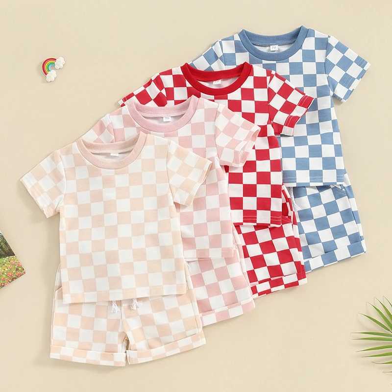 Clothing Sets 2023-12-19 Lioraitiin 0-3Y Toddler Baby Girl Summer Short Outfit Checkered Plaid Short Sleeve T-shirt Drstring Shorts Set R240708