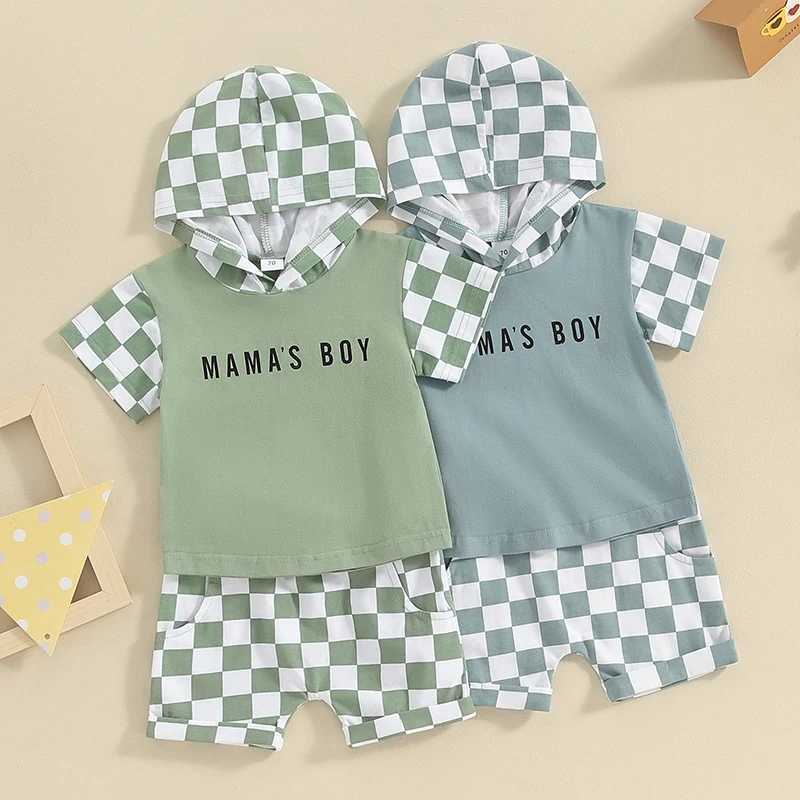 Clothing Sets Baby Boy Summer Clothing Outfits Short Sleeve Letter Print Hooded Tops + Elastic Waist Checkerboard Shorts Infant Toddler Sets 2LN4