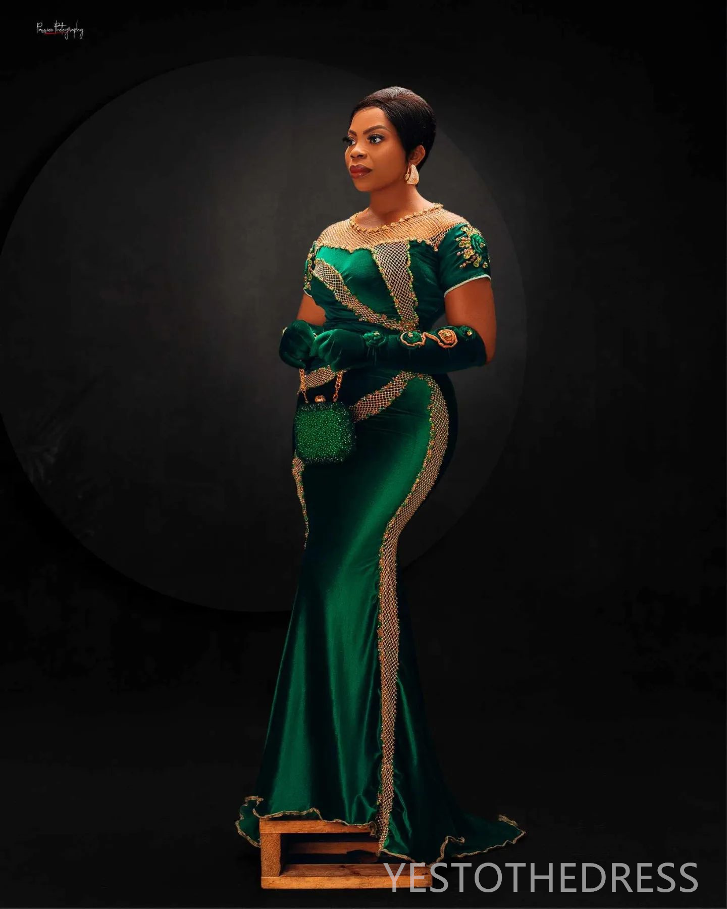 R&W 2024 Aso Ebi Classic Green Prom Dresses For Special Ocns Mermaid Promdress Evening Formal High Neck Short Sleeves Beaded Crystals Birthday Gowns A