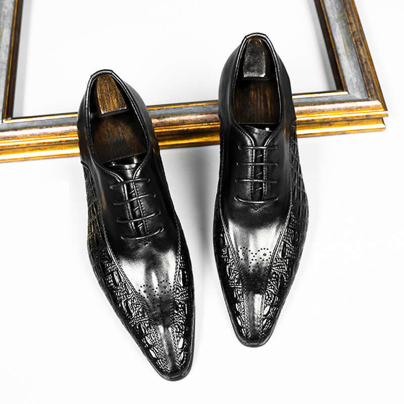 HKDQ Pointed Toe Designer Fashion Dress For Men Genuine Leather Lace Up Wedding Business Shoes Formal Black Oxford Shoe