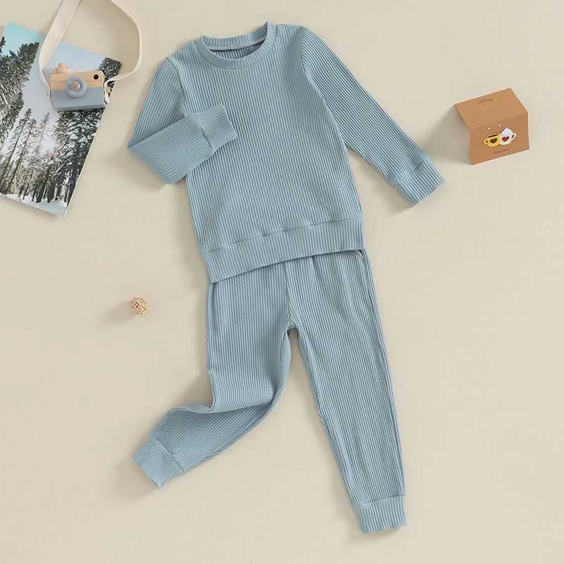 Clothing Sets 3-7Y Kids Boys Solid Color Ribbed Outfits Baby Autumn Clothes Children Long Sleeve Sweatshirt Tops Pants Sets R240708