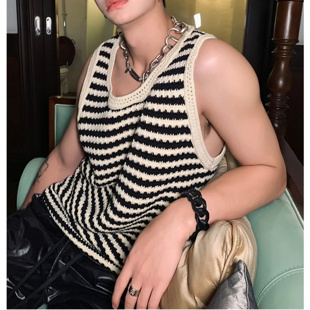Summer y2k Niche Knitted Hollow Striped Vest Men Spaghetti Straps O-Neck Casual Loose Retro Couple Knit Sweater Vest 240704